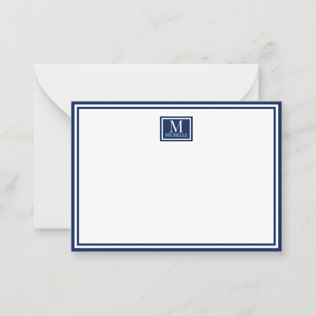 Minimalist Two Boarder Monogram Name Navy Blue Mitteilungskarte (Vorderseite)