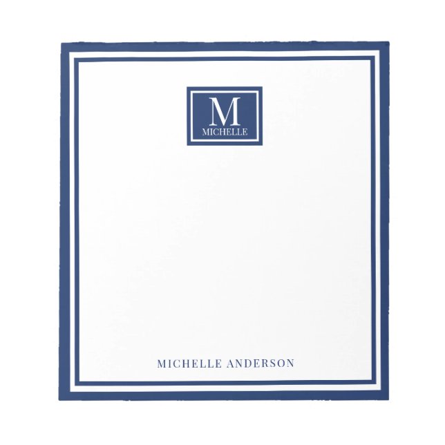 Minimalist Two Boarder Monogram Name Navy Blue Notizblock (Vorderseite)