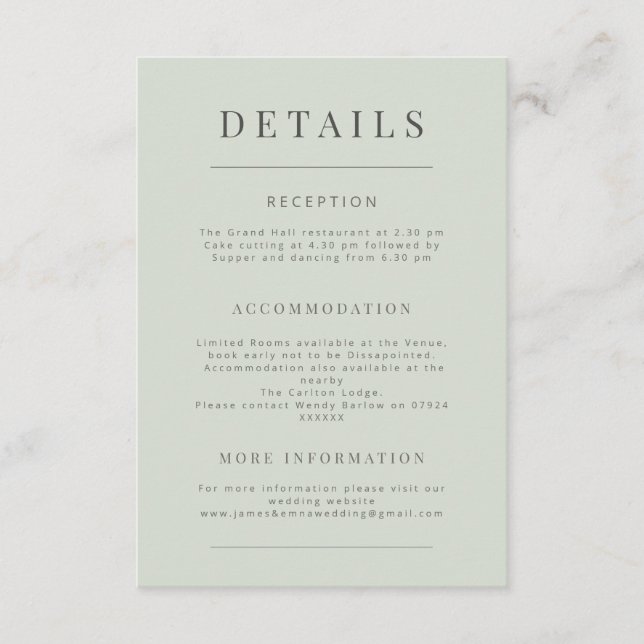 Minimalist Wedding Details Pale Sage Begleitkarte (Vorderseite)