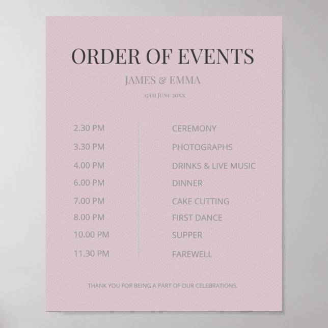 Minimalist Wedding Order of Events Dusky Rose Poster (Vorne)