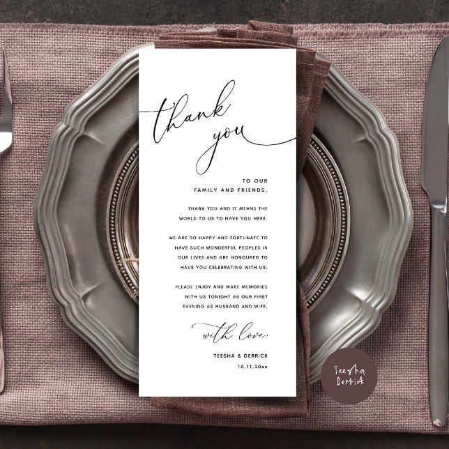 Minimalist Wedding Place Setting Thank You Card Programm (Welcome n Thanks Wedding Reception Dinner Brunch Lunch Thank You Card in Black White)