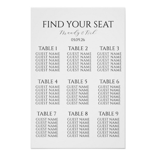Minimalist Wedding Seating Chart | Custom Modern  (Vorderseite)