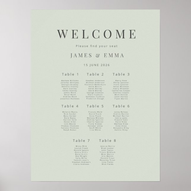 Minimalist Wedding Seating Plan(8) Pale Sage Poster (Vorne)