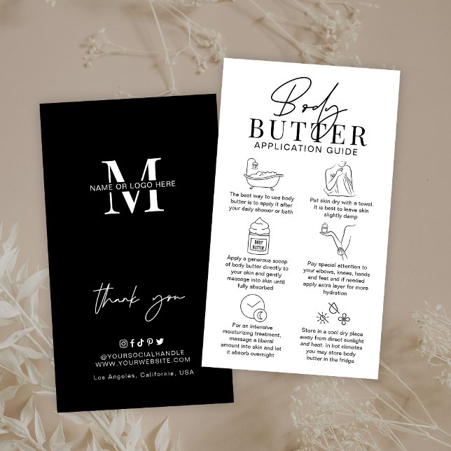 Minimalist Whipped Body Butter Application Guide Visitenkarte (Whipped body butter care cards in black and white, featuring care icons and space for your logo)