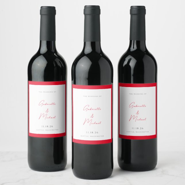 Minimalist White and Cherry Red Wedding  Weinetikett (Flaschen)
