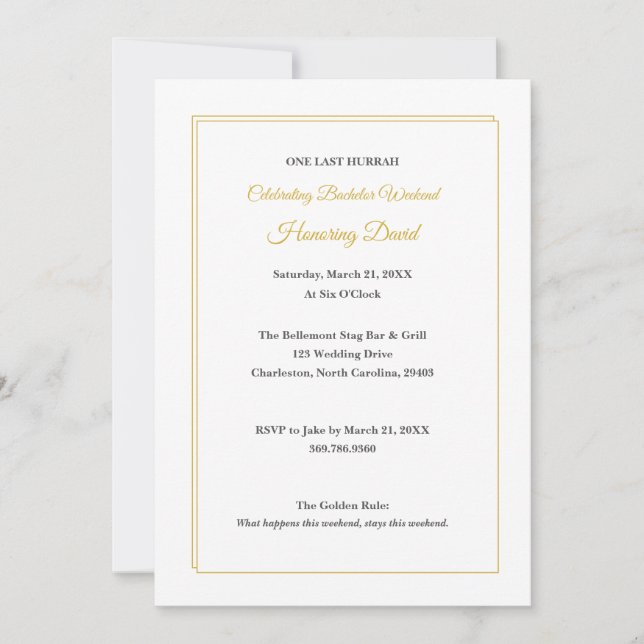 Minimalist White and Gold Bachelor Weekend Einladung (Vorderseite)