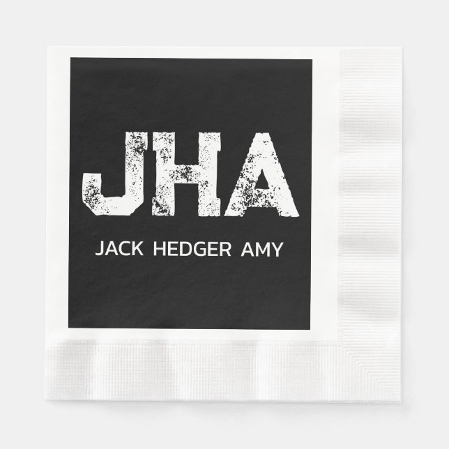 MINIMALIST WHITE THREE LETTER MONOGRAM NAME BLACK SERVIETTE (Vorderseite)