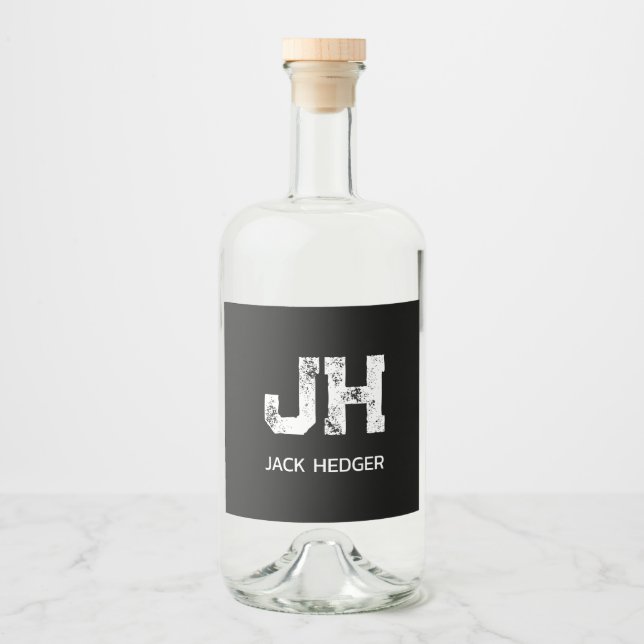 MINIMALIST WHITE TWO LETTER MONOGRAM NAME BLACK ALKOHOLFLASCHENETIKETT (Vorderseite)