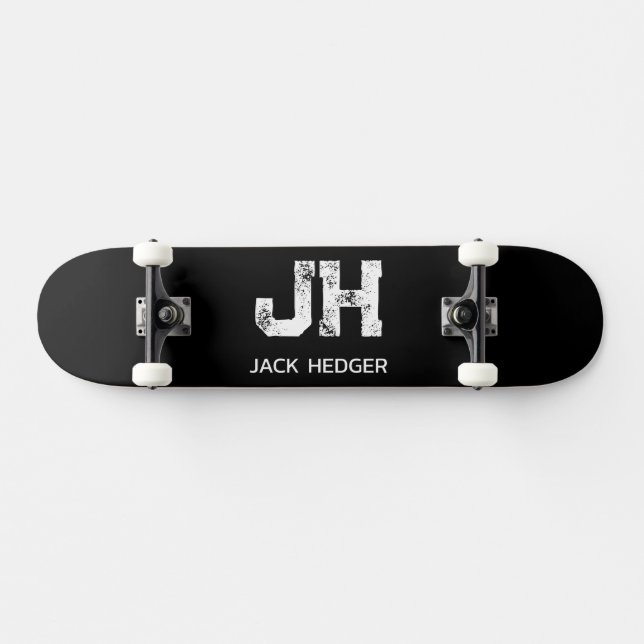MINIMALIST WHITE TWO LETTER MONOGRAM NAME BLACK  SKATEBOARD (Horizontal)