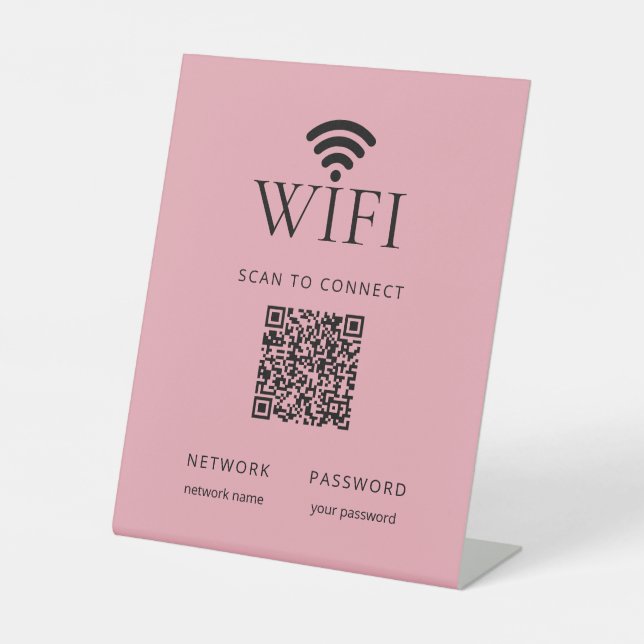 Minimalist WiFi Password Desk Sign QR Code  Pink Sockelschild (Vorderseite)