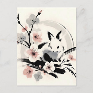 Minimalist Zen Ink Bunny Cherry Blossoms Feiertagspostkarte