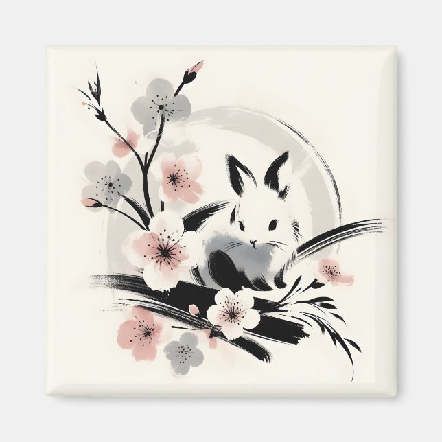 Minimalist Zen Ink Bunny Cherry Blossoms Magnet (Vorne)