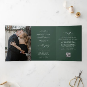 Minimaliste 2 photo carte RSVP QR mariage vert fon