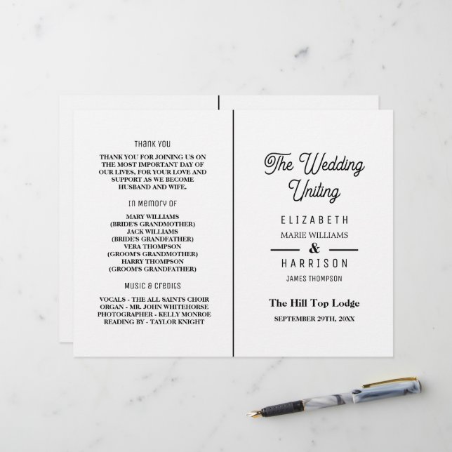 Minimaliste - Noir & Blanc - Programme de Mariage (Devant/Arrière en situation)