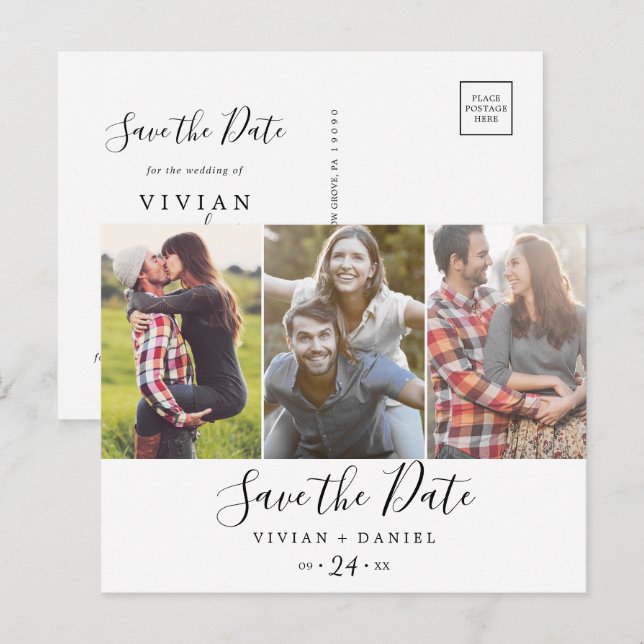 MINIMALISTISCH 3 FOTO SAVE THE DATE EINLADUNGSPOSTKARTE (Vorne/Hinten)