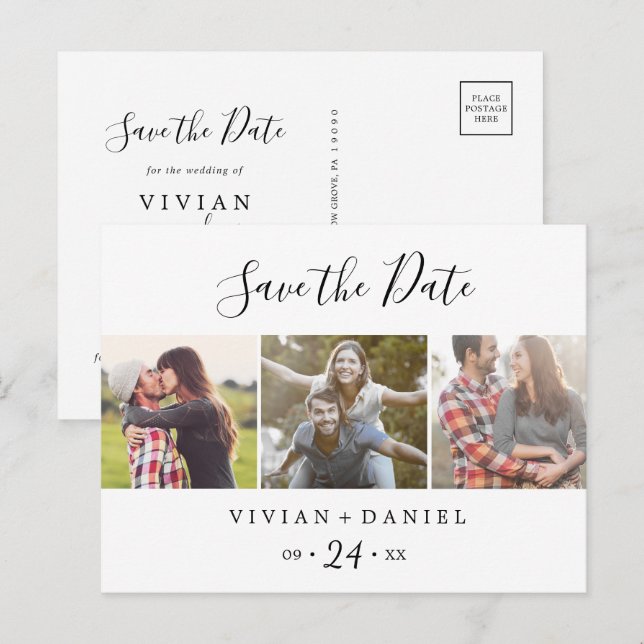 Minimalistisch 3 Fotovorlage Save the Date Einladungspostkarte (Vorne/Hinten)