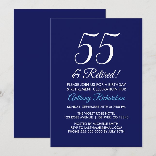 Minimalistisch 55 und ermüdete, dunkle Lila Rente Einladung (Vorne/Hinten)