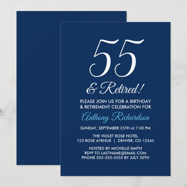 Minimalistisch 55 und Remüde Blue Retirement der M Einladung (Vorne/Hinten)