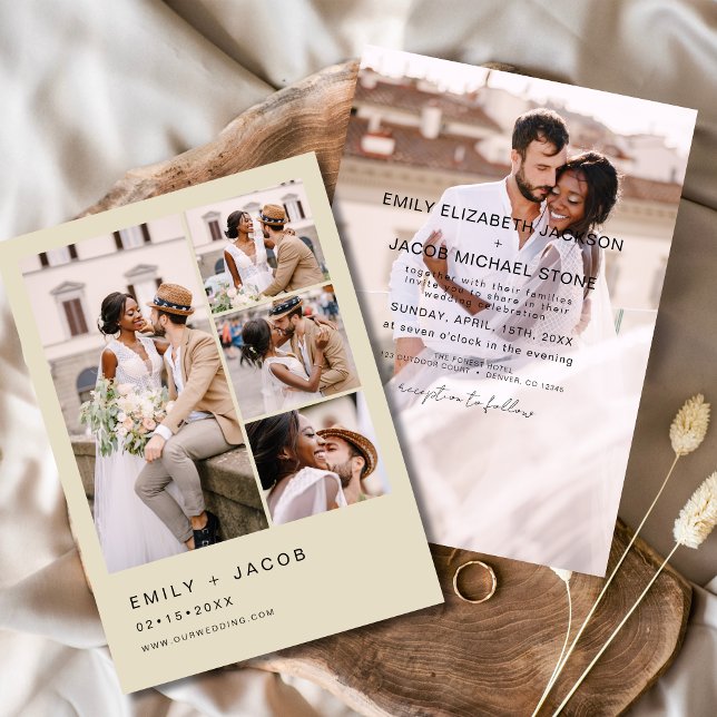 Minimalistisch 5 Foto Champagne Beige Hochzeit Einladung (Von Creator hochgeladen)