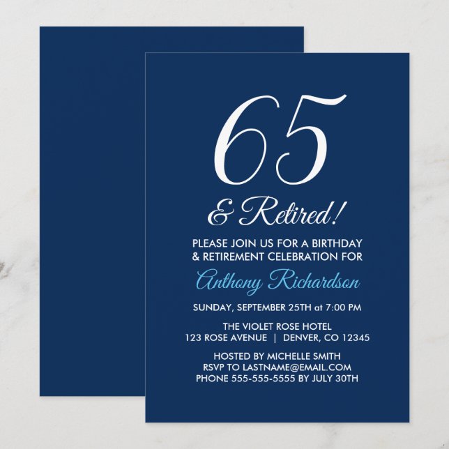 Minimalistisch 65 und Remüde Navy Blue Retirement Einladung (Vorne/Hinten)