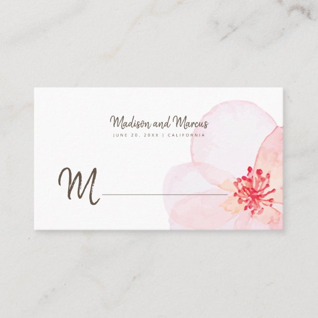 Minimalistisch + Aquarellblütenhochzeit Platzkarte (Vorderseite)