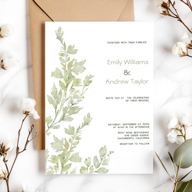 Minimalistisch Aquarellgrün Einladung (Elegant minimalistic watercolor green invitation, perfect for weddings or baby showers)