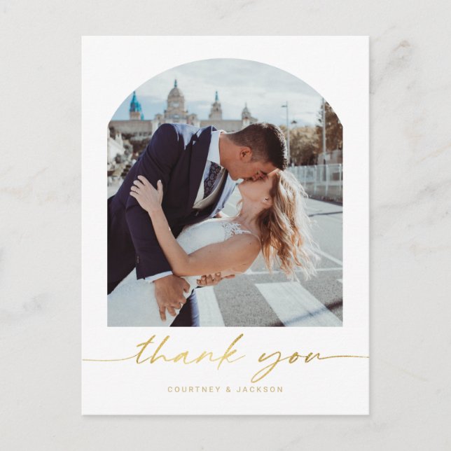Minimalistisch Arch Wedding Foto Vielen Dank Postkarte (Vorderseite)