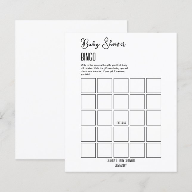 Minimalistisch Baby Shower Bingo (Vorne/Hinten)