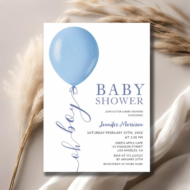 Minimalistisch Baby Shower Oh Boy Blue Balloon Einladung (Von Creator hochgeladen)