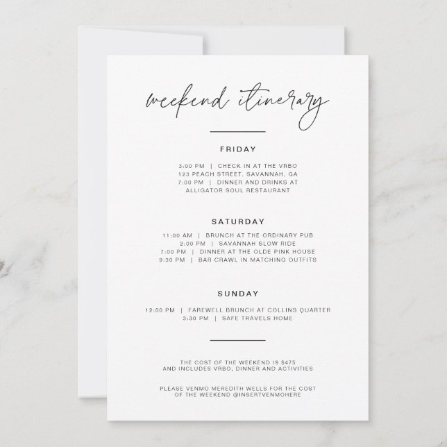 Minimalistisch Bachelorette Wochenende Einladung + (Rückseite)