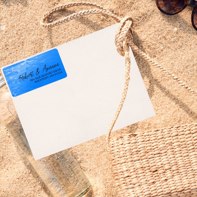 Minimalistisch Beach Azure Blue Wedding Rücksendea Adressaufkleber (Von Creator hochgeladen)