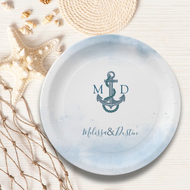 Minimalistisch Beach Blue Anchor Nautical Wedding Pappteller (Minimalist Beach Blue Anchor Nautical Wedding Paper Plates)