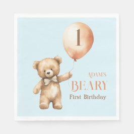 Minimalistisch Bear Blue Boy Beary 1. Geburtstag Serviette