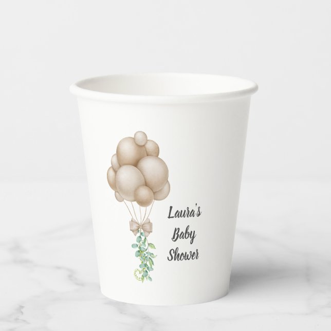Minimalistisch Beige Balloons Boho Babydusche Pappbecher (Vorderseite)