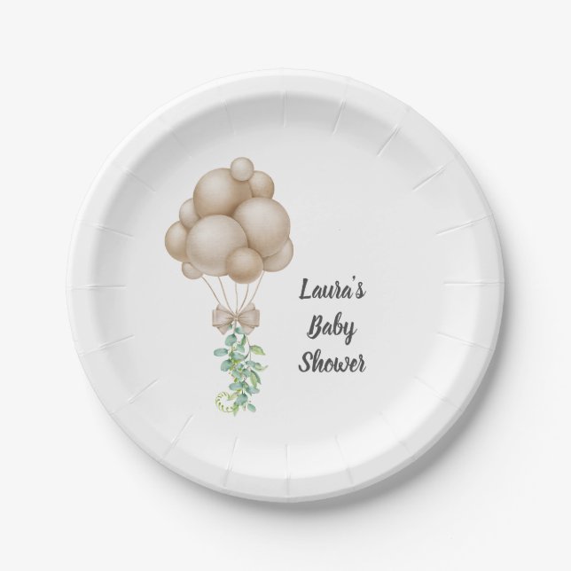Minimalistisch Beige Balloons Boho Babydusche Pappteller (Vorderseite)