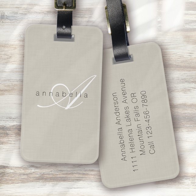 Minimalistisch Beige Linen Monogram Script Gepäckanhänger (Von Creator hochgeladen)