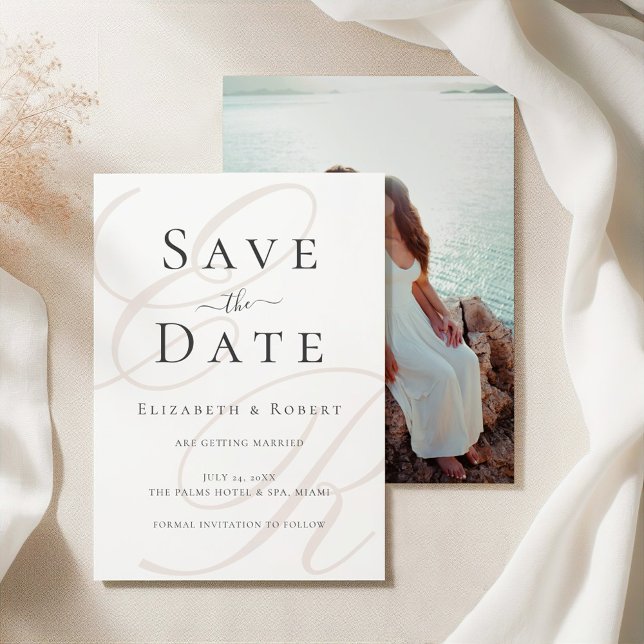 Minimalistisch Beige Monogram Custom Foto Wedding Save The Date (Minimalist Beige Monogram Custom Photo Wedding Save The Date on a silk tableclothes)
