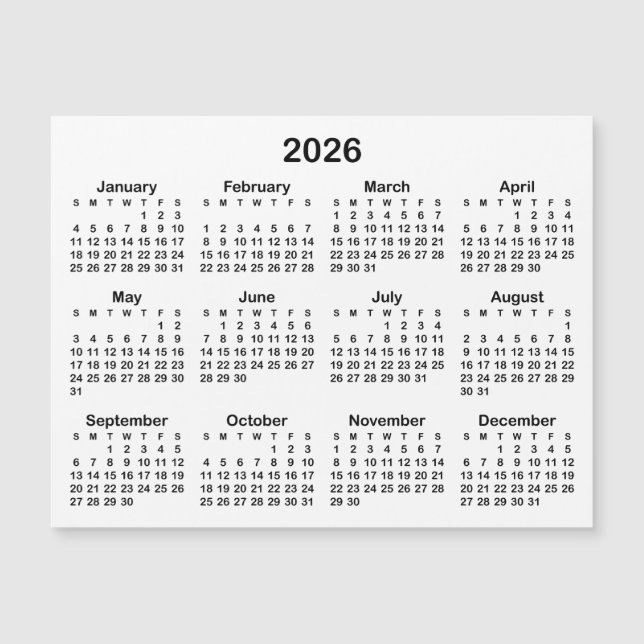 Minimalistisch Black 2026 Magnetic Calendar Magnetkarte (Vorderseite)