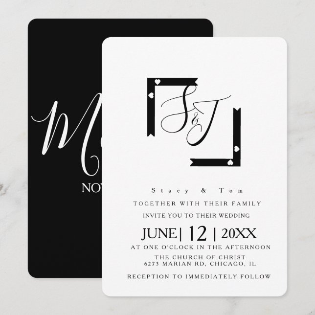 Minimalistisch Black and White Heart Bar Wedding S Einladung (Vorne/Hinten)