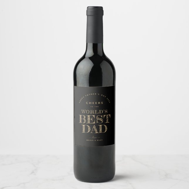 Minimalistisch Black & Gold Cheers Weltbesten Vate Weinetikett (Vorderseite)