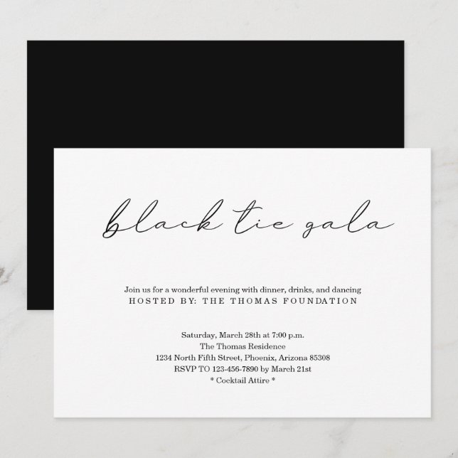 Minimalistisch Black Krawatte Gala Einladung (Vorne/Hinten)