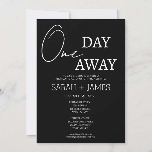 Minimalistisch Black One Day Away Probe Dinner Einladung (Vorderseite)