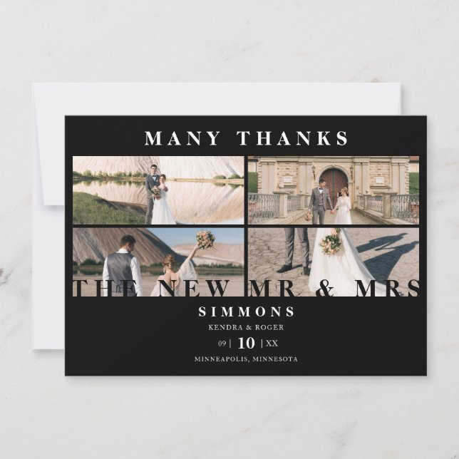 Minimalistisch Black Trendy Collage Wedding 4 Foto Dankeskarte (Vorderseite)
