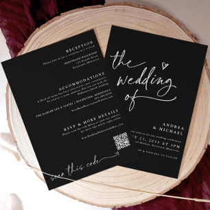 Minimalistisch Black Wedding Modern QR Code Elegan Einladung