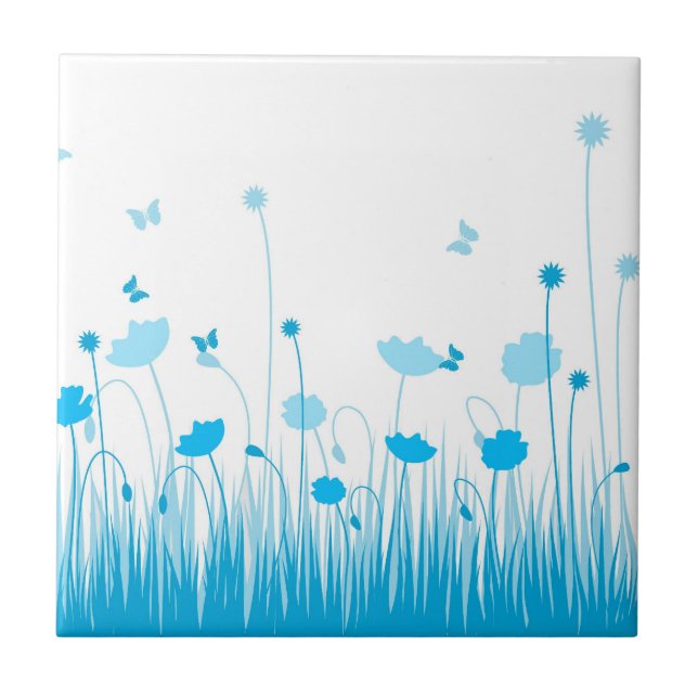 Minimalistisch Blau- und Weißblütenblüte Fliese (Vorderseite)