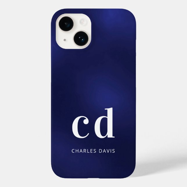 Minimalistisch: blau-weiße Monogrammnamen Case-Mate iPhone 14 Hülle (Rückseite)