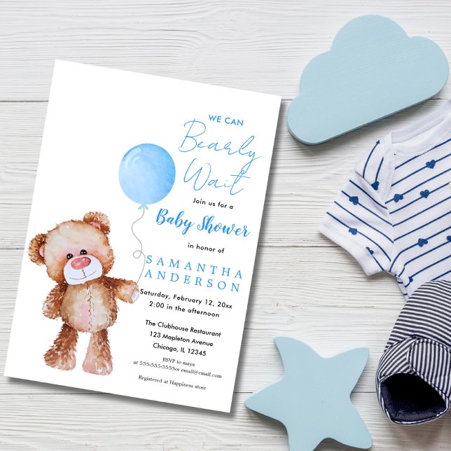 Minimalistisch Blau: "Wir können abwarten!" Babypa Einladung (WE CAN BEARLY WAIT BOY BABY SHOWER INVITATION)