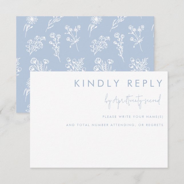 Minimalistisch-blaue Blütenblume Moderne Hochzeits RSVP Karte (Vorne/Hinten)