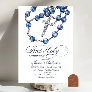 Minimalistisch Blauer Rosenkranz - Taufe Einladung