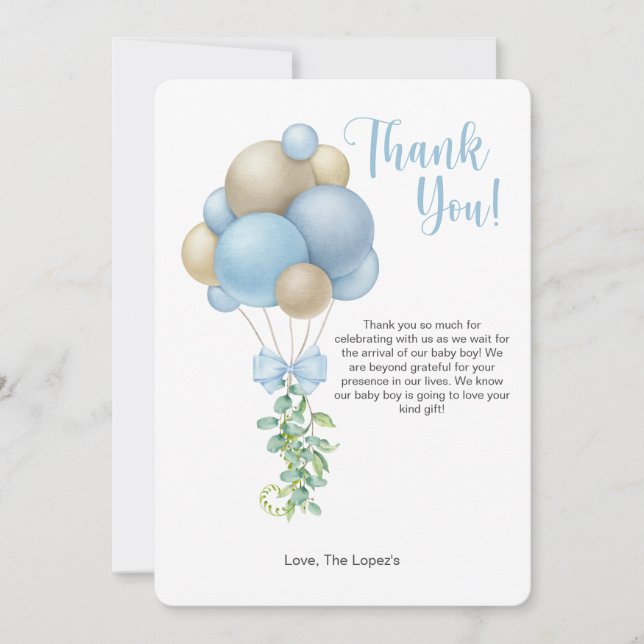 Minimalistisch Blue Balloon Baby Dusche Danke Kart Einladung (Vorderseite)
